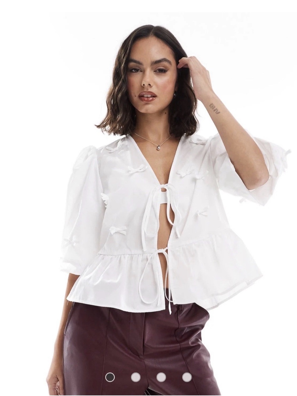 ASOS Bow Tie Front Peplum Blouse White‎ Coquette Balletcore EUC
